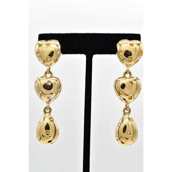 Givenchy Vintage Heart Clip On Earrings Gold Chunky Dangle Signed 1980s BinBF - Picture 1 of 12